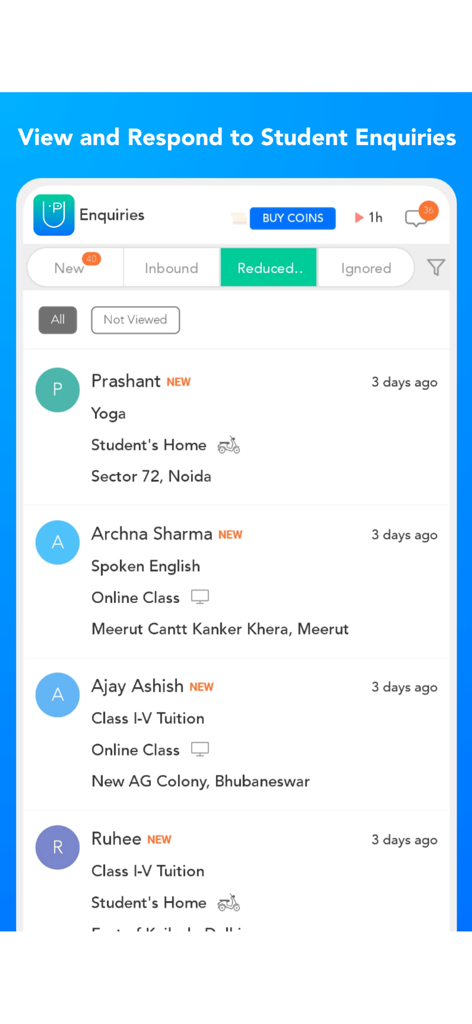 UrbanPro for Tutors - List of student enquiries on the UrbanPro for Tutors app showing subjects like yoga and english tuition with location details