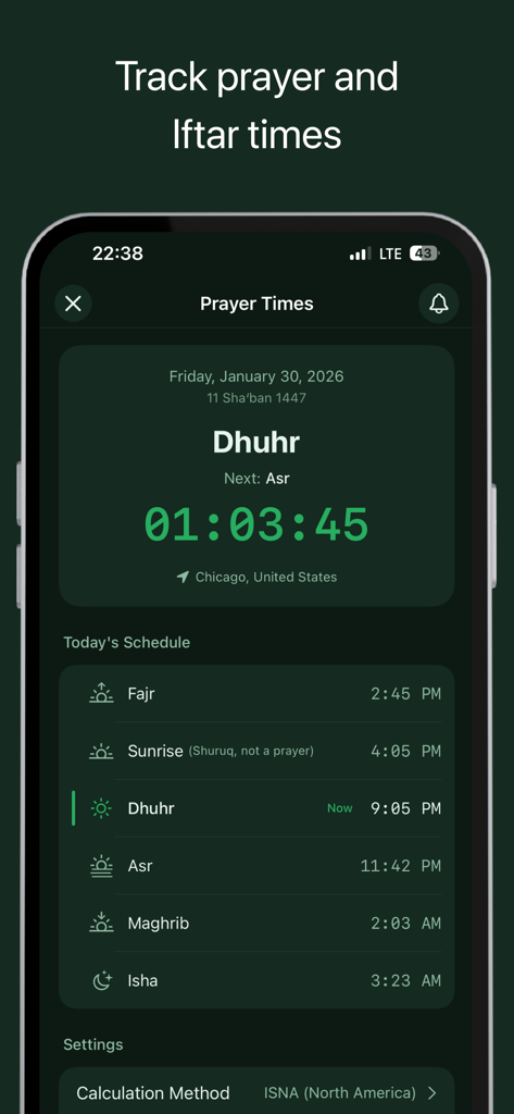 The prayer times schedule screen of the Quran Widgets app showing a countdown for Dhuhr prayer in Chicago.