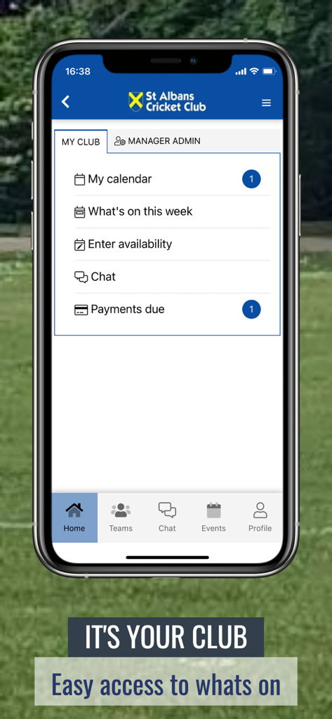 Hitssports Mobile App-Bildschirm, der das Menü Mein Verein mit Optionen für Kalender, Verfügbarkeit und Zahlungen zeigt.