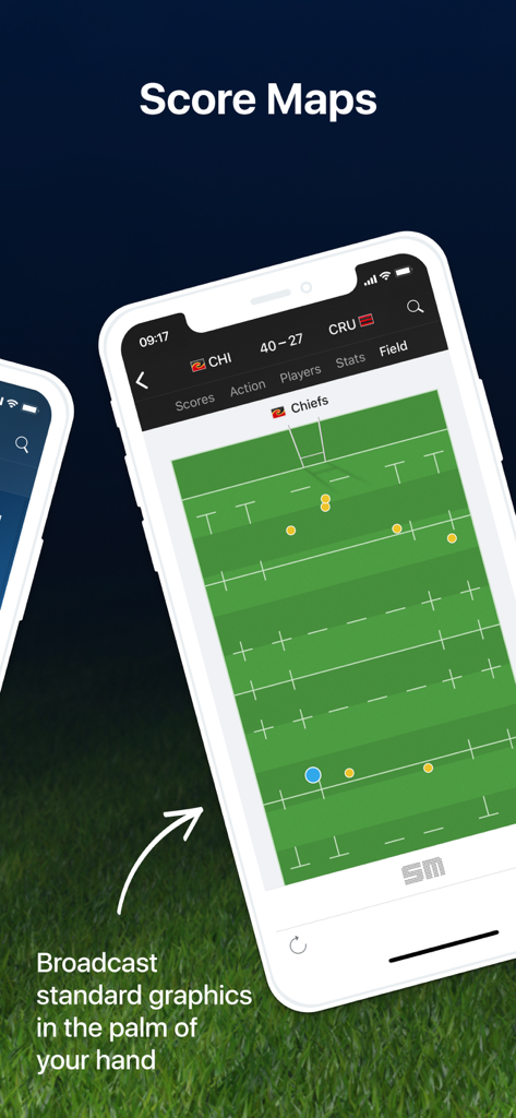 L'app Union Live visualizza una mappa dei punteggi visiva su un campo da rugby per una partita tra Chiefs e Crusaders.