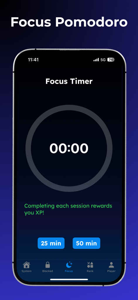 Solo X Player Leveling Workout - Tela do temporizador de foco do aplicativo Solo X Player com opções de Pomodoro de 25 e 50 minutos e recompensas de XP