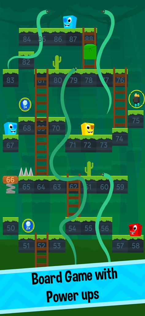 Gameplay screen of Snakes and Ladders reimagined as a platformer with colorful characters and power ups