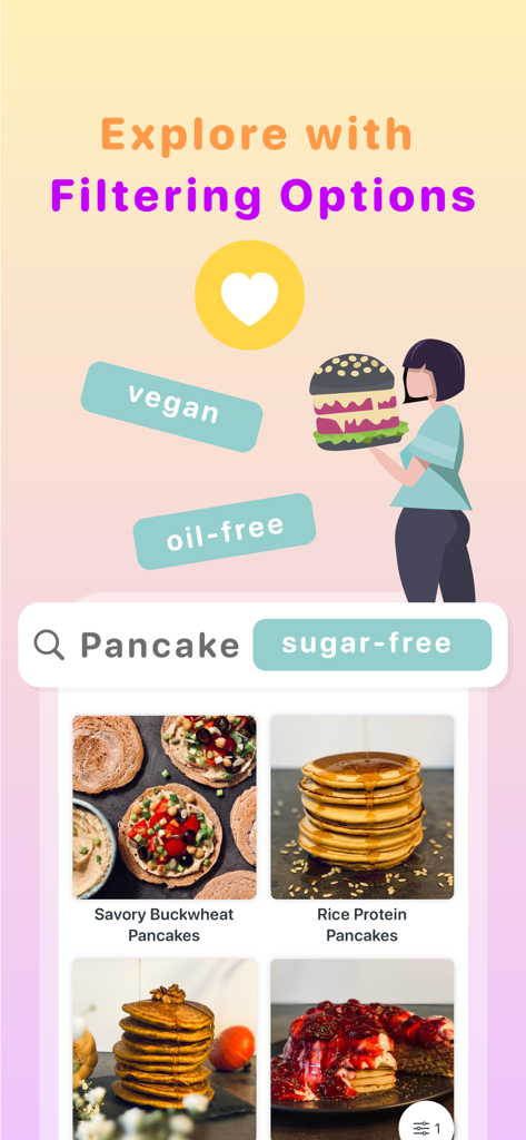 Plantiful - Healthy Recipes - Plantiful app screen showing recipe search with vegan and sugar free filter options