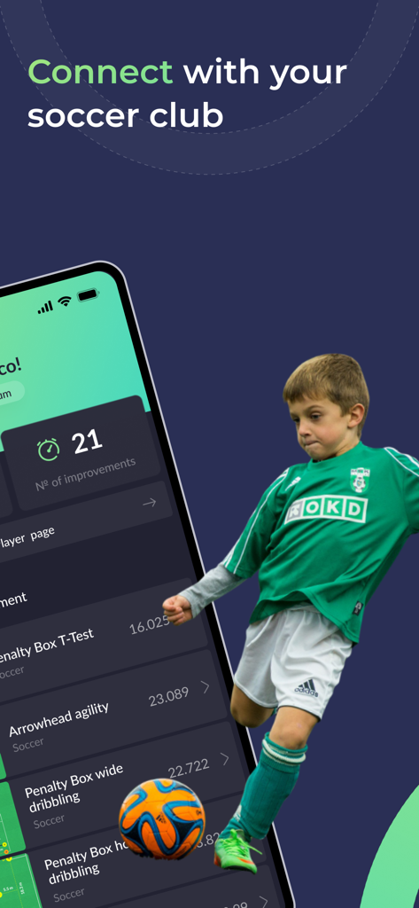 A young soccer player kicking a ball alongside the Smart Timer Player app interface showing training drills and progress tracking.