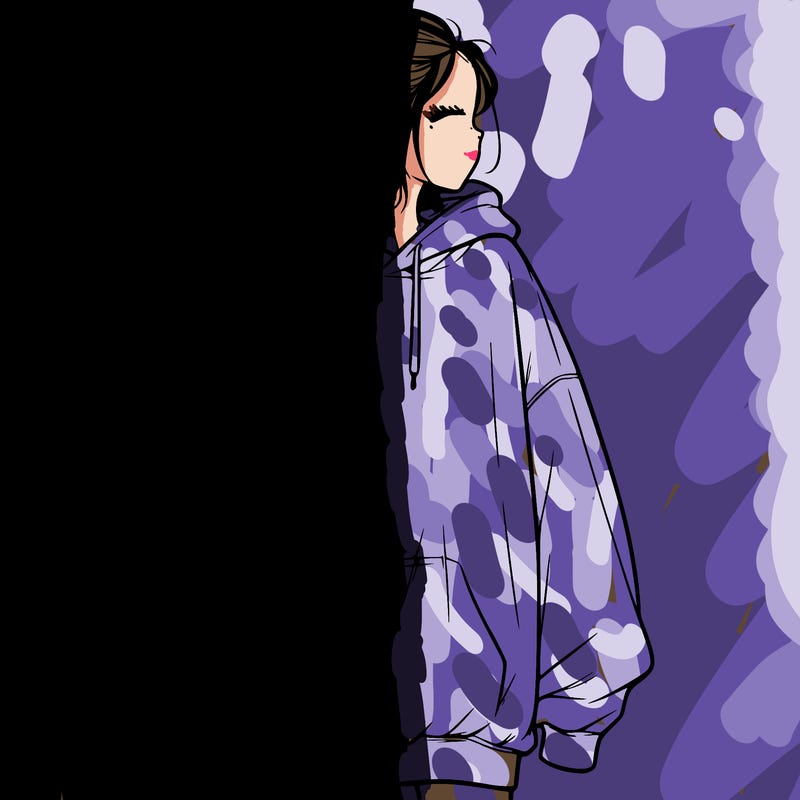 realistic girl with a oversized sweatshirt on and a bun