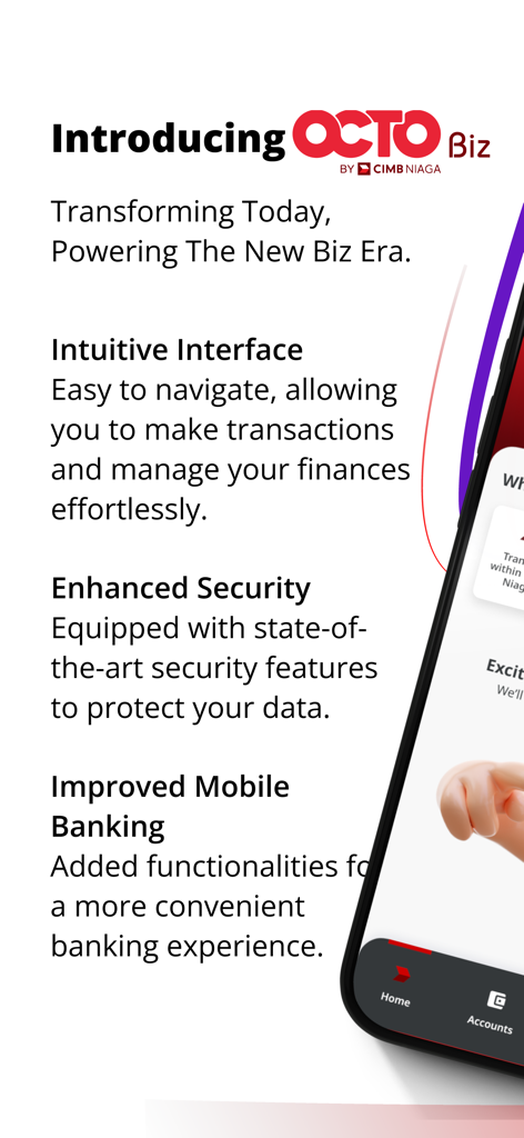 Pantalla promocional de la aplicación de banca empresarial OCTO Biz by CIMB Niaga destacando su interfaz intuitiva y funciones de seguridad mejoradas