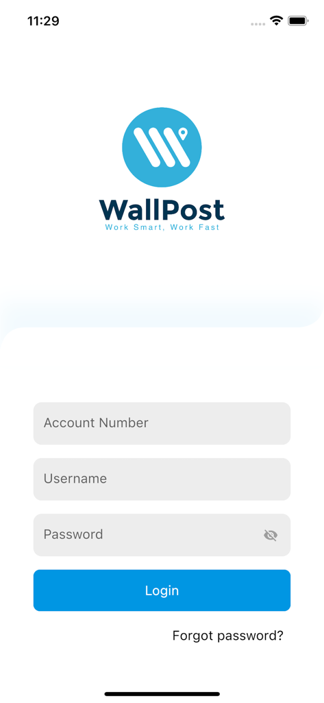 WallPost Software - WallPost Software mobile app login interface showing account number and credentials entry fields
