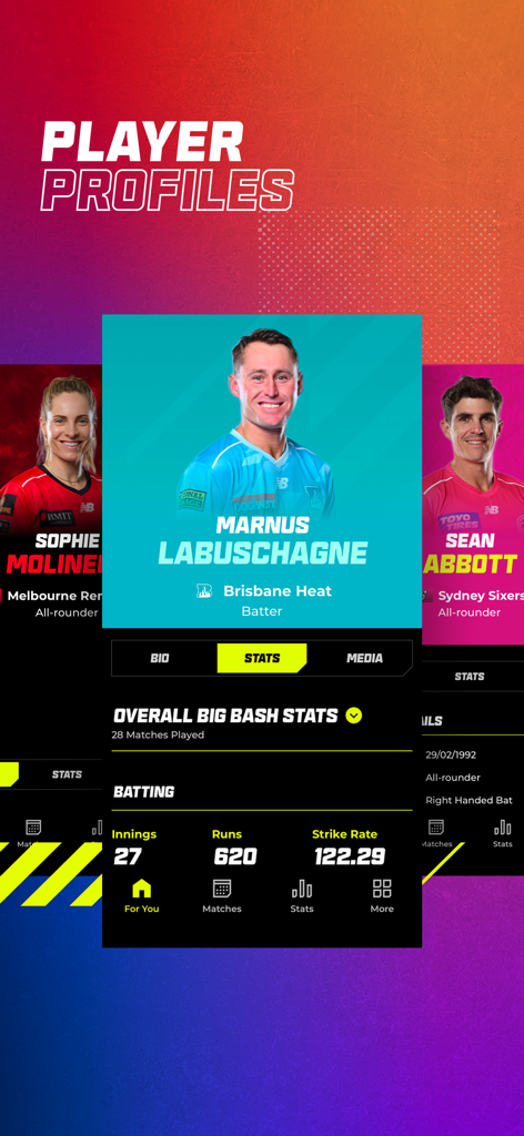 Perfil de jugador de la aplicación Big Bash que muestra las estadísticas de críquet de Marnus Labuschagne