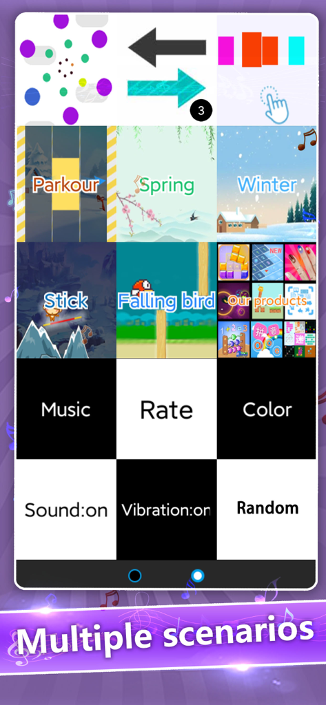Main menu screen showing various game modes and themes in the Black Tiles app.