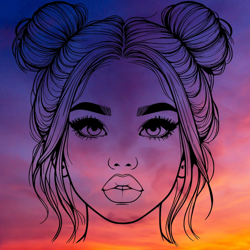 realistic girl with two buns on her hair and lips