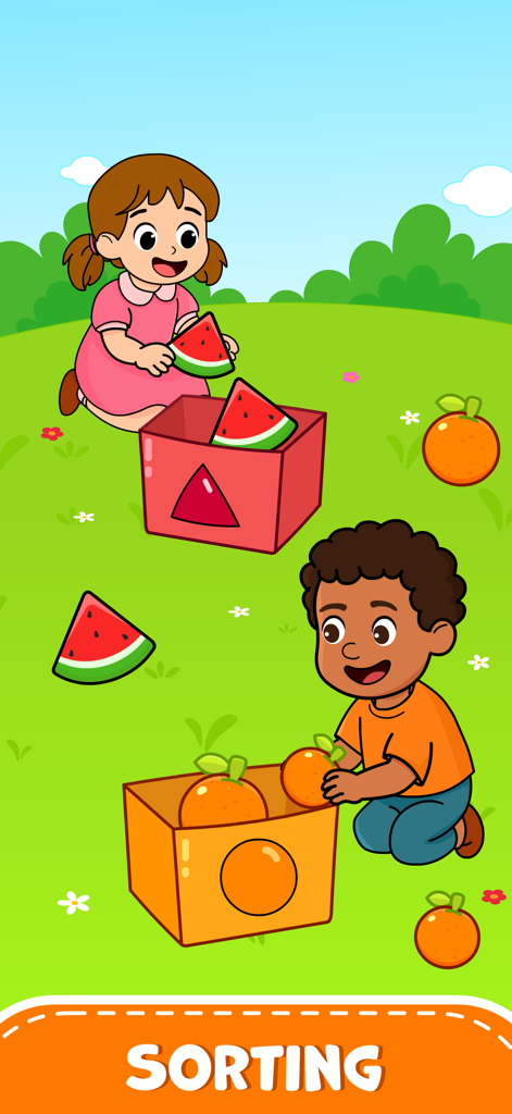 Toddler Games Baby Balloon Pop - 幼児が、教育ゲームで、スイカとオレンジを対応する箱に仕分ける様子。