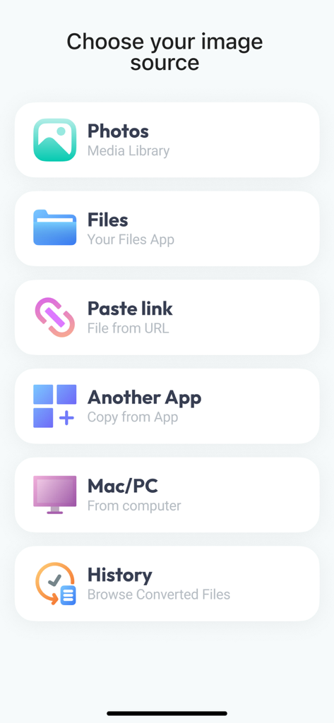 Interface of an image converter app showing source options like Photos, Files, URL, and computer transfer.