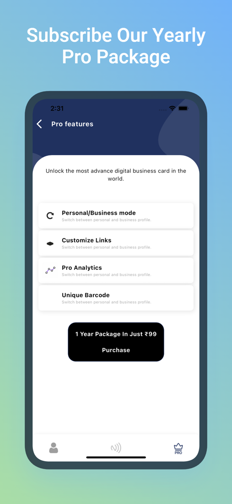 NFC TOOL - Pantalla de suscripción de la aplicación NFC TOOL mostrando las funciones del paquete profesional anual, como el modo de empresa y análisis.