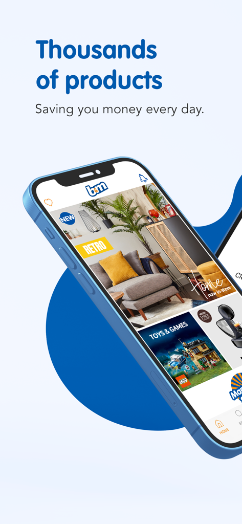 B and M Stores app home screen displaying furniture and toy product categories