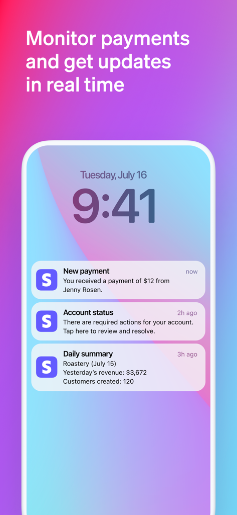 Schermata di blocco dello smartphone che mostra le notifiche in tempo reale di Stripe Dashboard per pagamenti e stato del conto