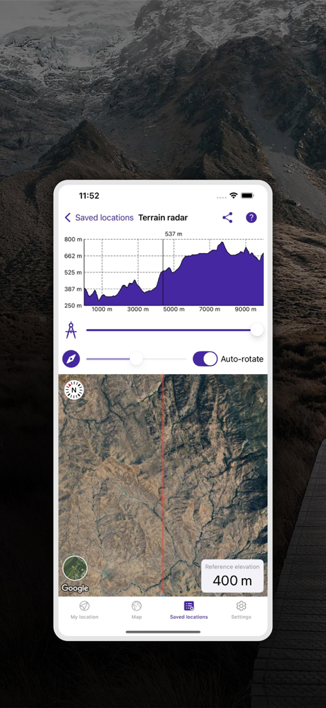My Altitude and Elevation GPS - Terrain radar feature showing elevation profile graph and satellite map view