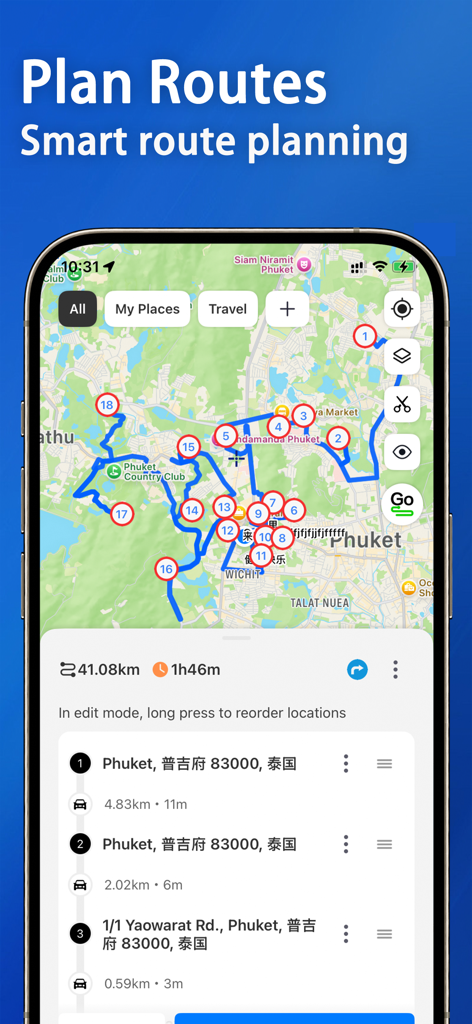 My Map－Marker,Save,Track&Plan - A mobile app interface showing a map with a planned multi stop route and numbered markers
