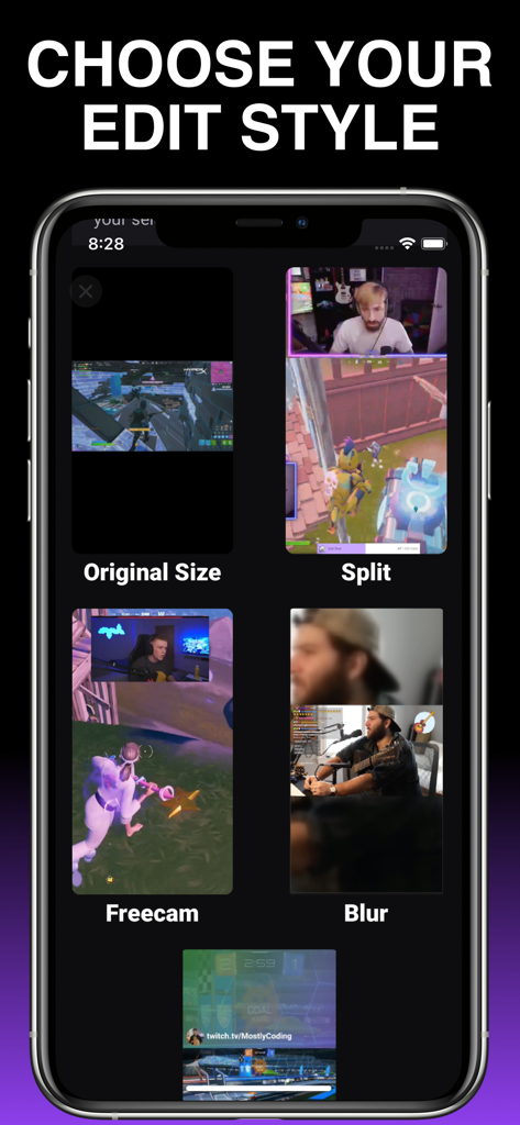 StreamKit - Edit Clips & Stats - StreamKit-Mobilappen-Bildschirm, der verschiedene Layout-Optionen wie Split und Freecam zur Bearbeitung von Twitch-Clips in vertikale Videos zeigt.