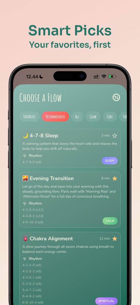 Paced Breathing - Breath Coach - Smartphone screen showing the Paced Breathing app with a list of recommended breathing exercises like 4-7-8 Sleep and Evening Transition
