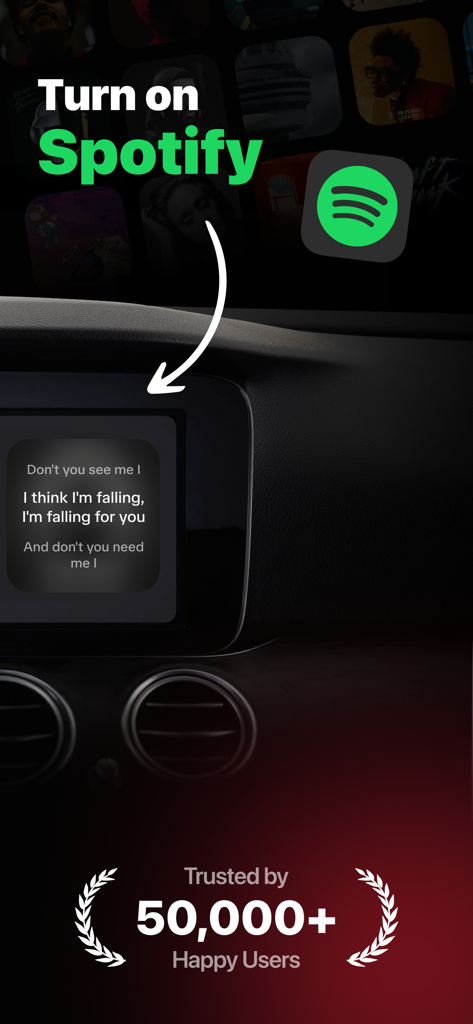 Dynamic Car Lyrics for Songs - Dynamic Car Lyrics app showing Spotify integration with song lyrics on a vehicle dashboard.