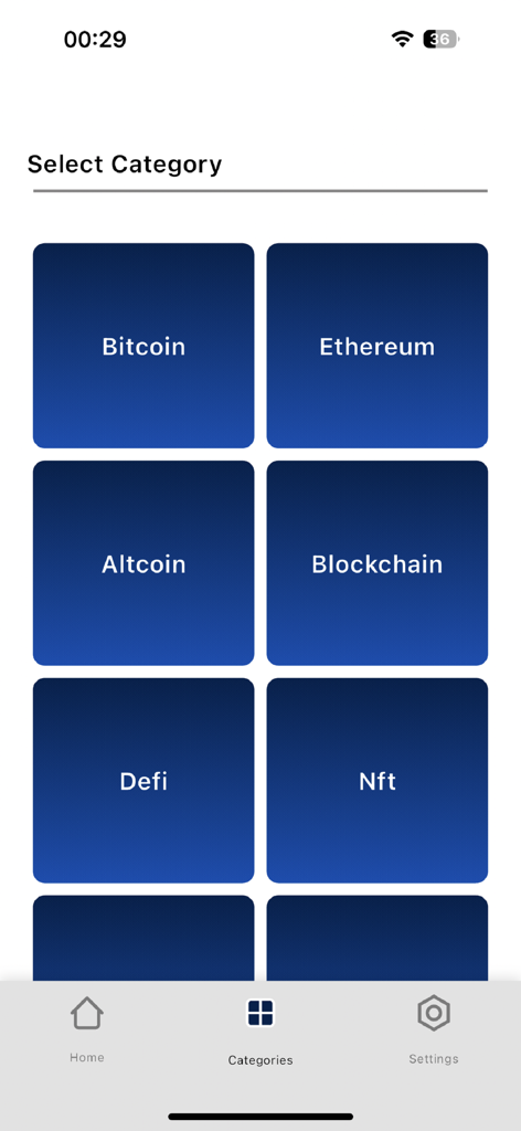 비트코인 이더리움 및 블록체인과 같은 암호화폐 뉴스 범주를 보여주는 비트코인 뉴스 Ai 앱 화면.