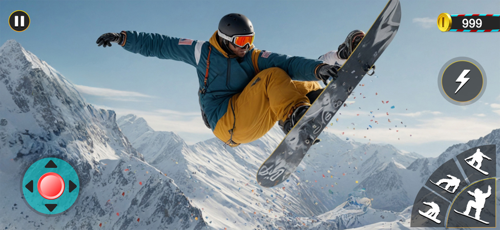 Skate Snowboarding - Ski Games - A snowboarder performing a mid-air jump over snow-capped mountains in a mobile game interface.