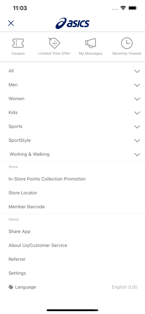 ASICS HK - Navigation menu of the ASICS HK app showing product categories and member features