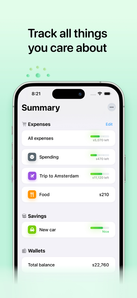 Gem - Money tracker - Gem money tracker app summary screen showing organized expense categories like food and travel along with savings goals and total wallet balance.