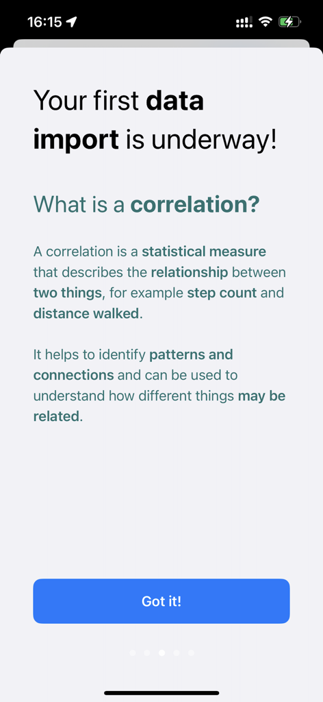 This & That - Onboarding screen explaining the concept of statistical correlation for health data