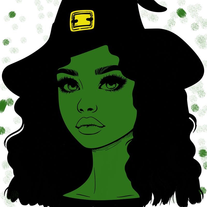 realistic girl with wavy hair a witch hat and a nose and lips and eyes