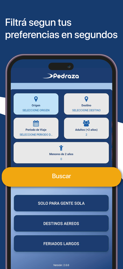 Pedraza Travel and Tourism - Pantalla de búsqueda de la aplicación Pedraza Travel con filtros de destino y fechas de viaje