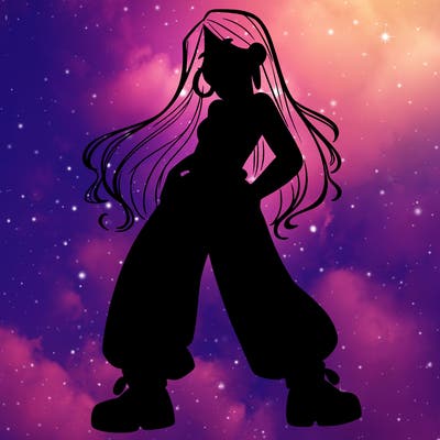 girl in baggy pants crop top and long hair