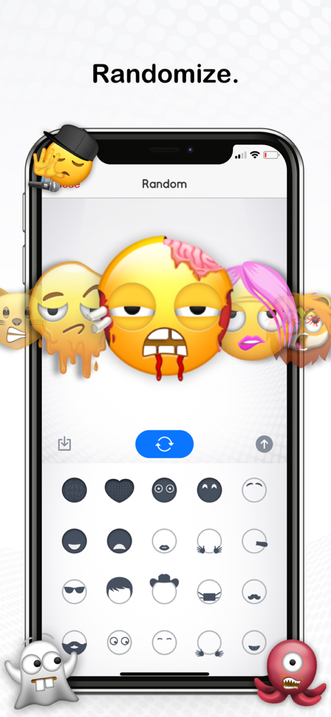 Moji Maker™ | Emoji Messenger - Smartphone screen showing the randomize feature of Moji Maker to create unique custom emojis