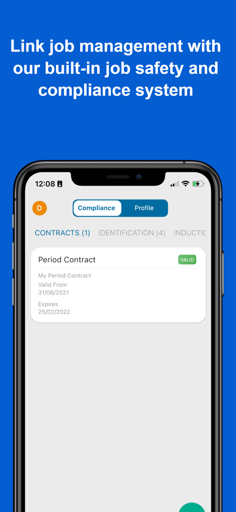 WorkBuddy - WorkBuddy app interface showing job safety and compliance management with a valid period contract.