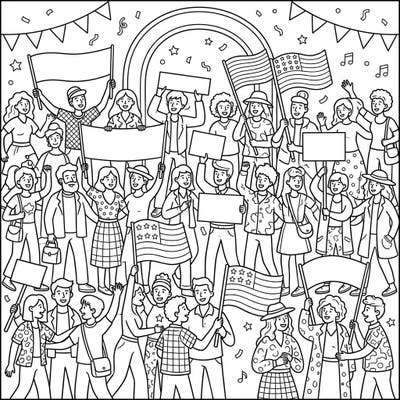 Dive into the heart of a vibrant celebration with this engaging coloring page, featuring a lively crowd gathered for a parade. Express your creativity by bringing to life a diverse array of participants, flags, and festive banners.