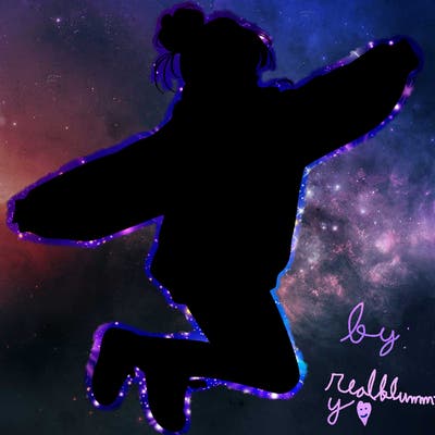 realistic girl jumping with a bun and oversized sweatshirt