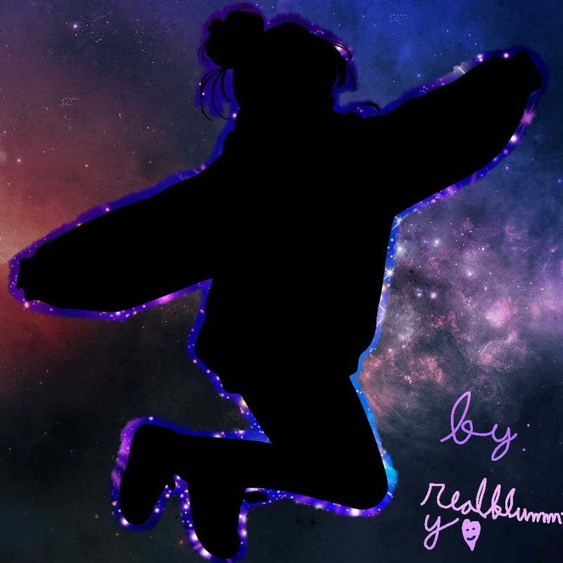 realistic girl jumping with a bun and oversized sweatshirt