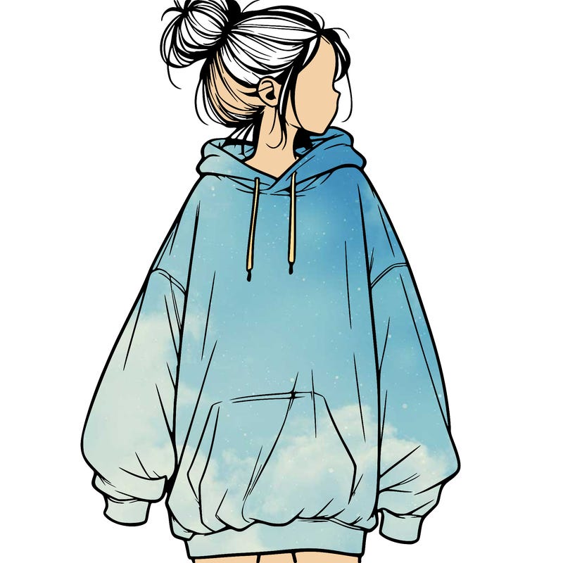 realistic girl with a oversized sweatshirt on and a bun