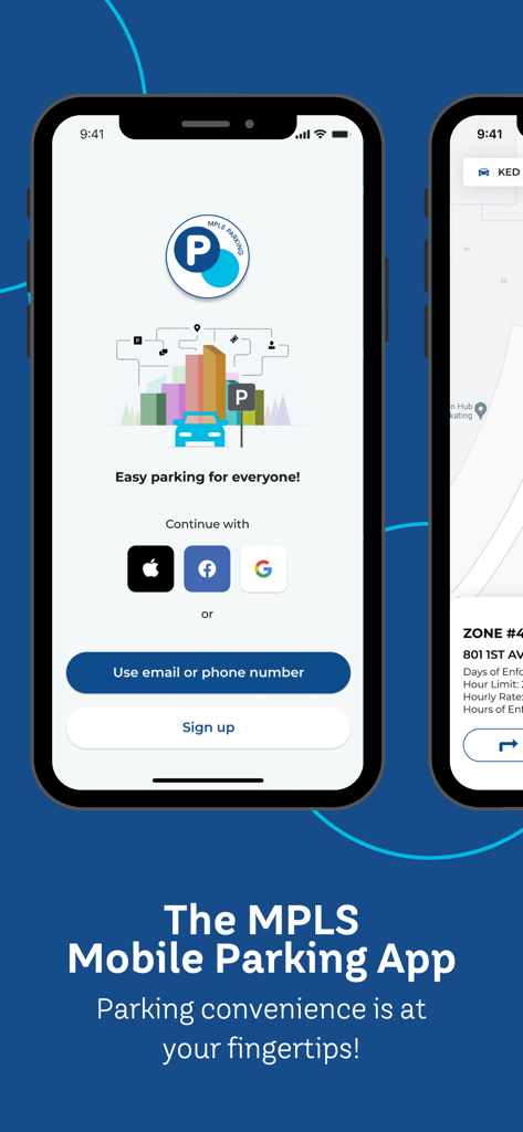 MPLS Parking - Welcome screen of the MPLS Parking mobile app with sign up and login options