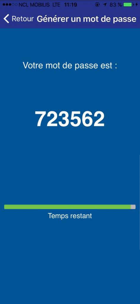 BCIPass app displaying a six digit security code for banking authentication