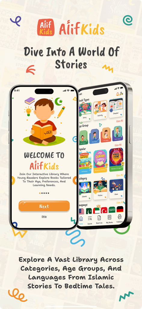 The Alif Kids mobile app showing a welcome screen with a child reading and a library browse screen with book categories and language selections.