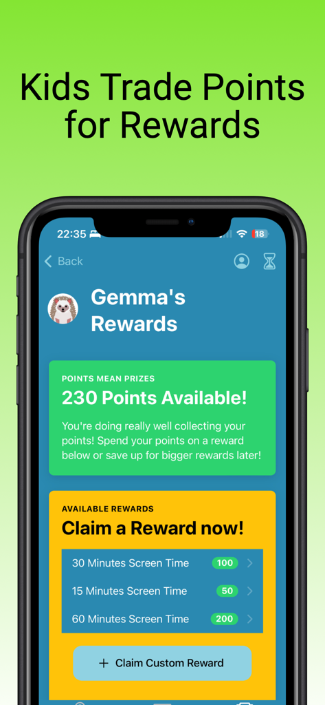 Rewards Kids: Chores & Money - Pantalla de la aplicación móvil que muestra a los niños canjeando puntos ganados por recompensas de tiempo en pantalla