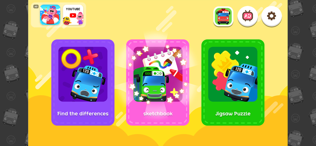 Tayo Coloring & Games - Pantalla principal de la aplicación Tayo Dibujo y Juegos con actividades de Encuentra las Diferencias, Cuaderno de Bocetos y Puzle