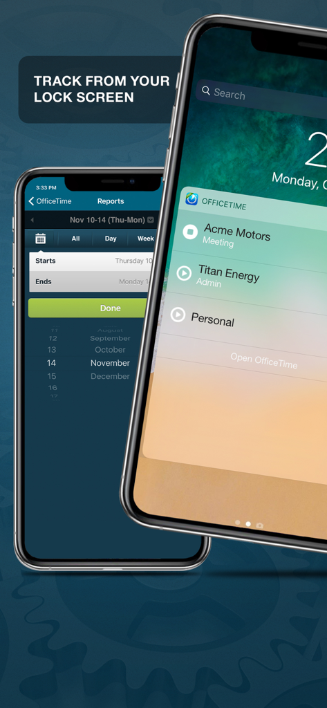 OfficeTime Time Keeper Pro - iPhone lock screen showing the OfficeTime widget with project timers for quick tracking