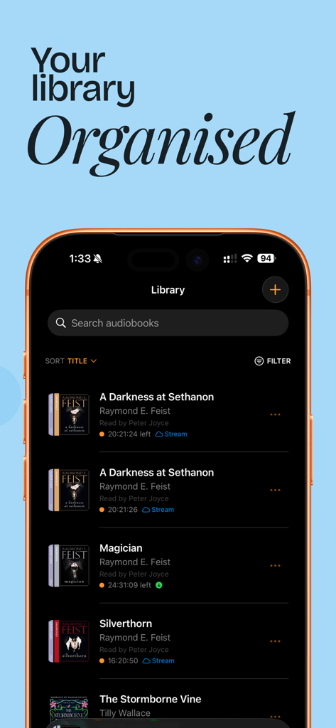 Audiory: Audiobook Player - Audioryアプリのインターフェース。ストリーミングおよびダウンロードインジケーター付きの整理されたオーディオブックライブラリが表示されています