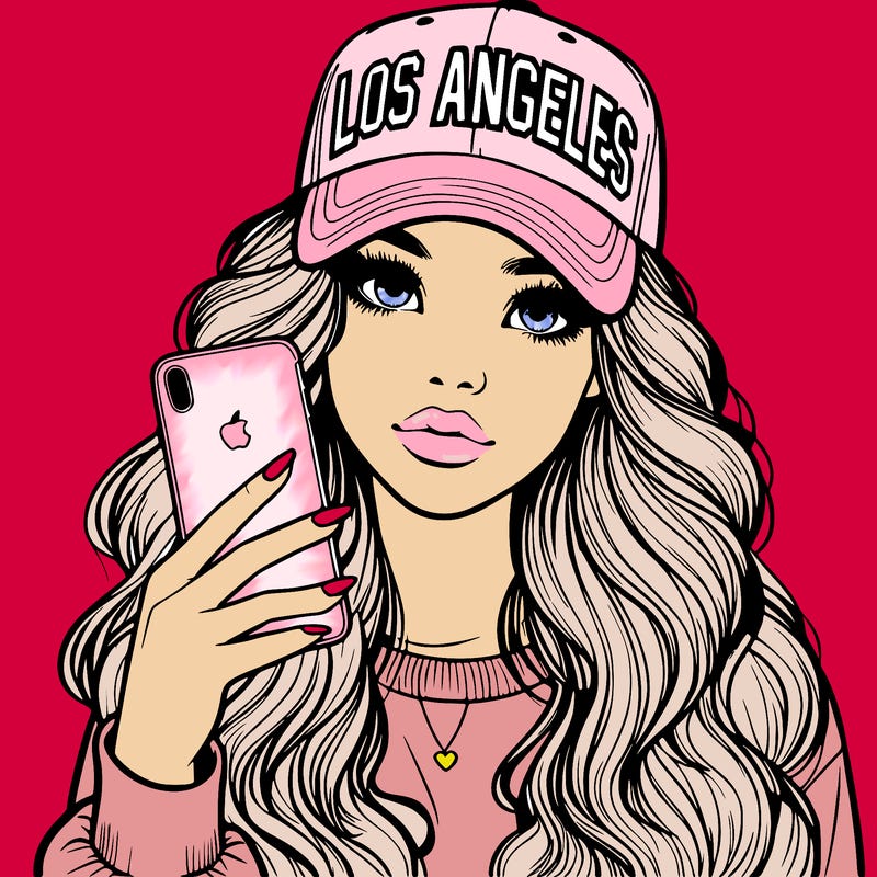 realistic beautiful girl wearing los ángeles cap holding an iphone