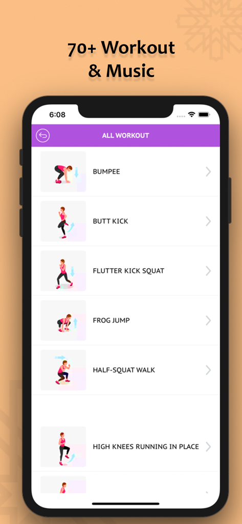 homes Workout For Women - Una pantalla de teléfono inteligente que muestra una lista de ejercicios de culturismo para mujeres con ilustraciones.