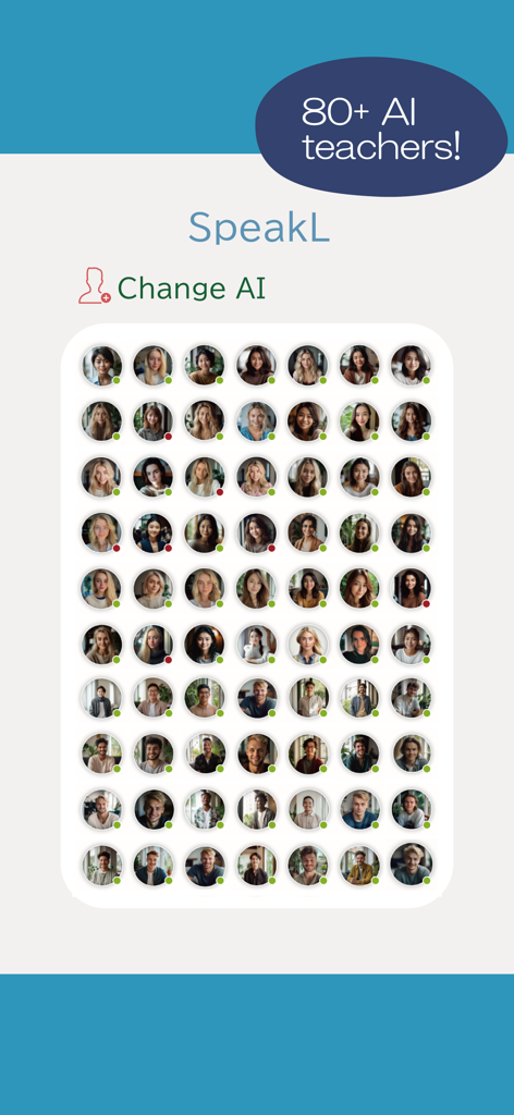 SpeakLアプリで会話練習に利用できる80人以上の多様なAI講師のグリッド