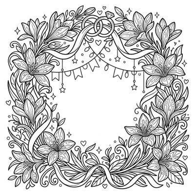 Celebrate love and beauty with this exquisite coloring page featuring delicate fairy lilies intertwined with elegant wedding rings and flowing ribbons. Perfect for adding your personal touch to a romantic wedding theme or simply enjoying a peaceful, intricate coloring session.