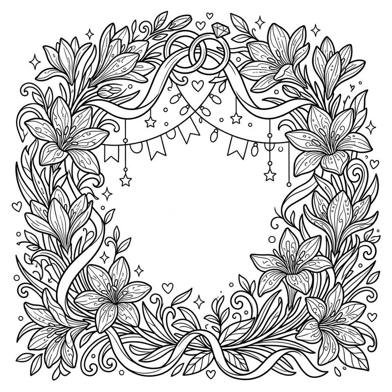 Celebrate love and beauty with this exquisite coloring page featuring delicate fairy lilies intertwined with elegant wedding rings and flowing ribbons. Perfect for adding your personal touch to a romantic wedding theme or simply enjoying a peaceful, intricate coloring session.